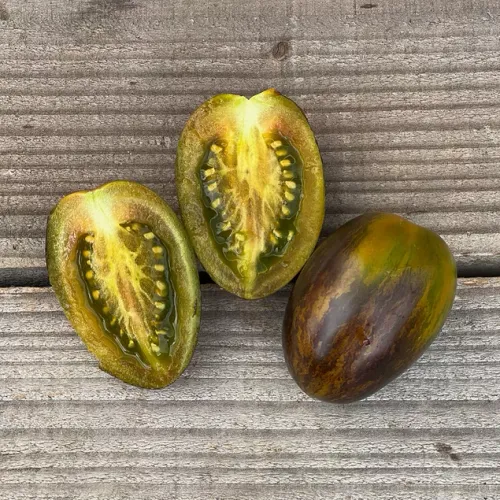 Grönviolett körsbärstomat liggandes på bord av sorten Brads Atomic Grape