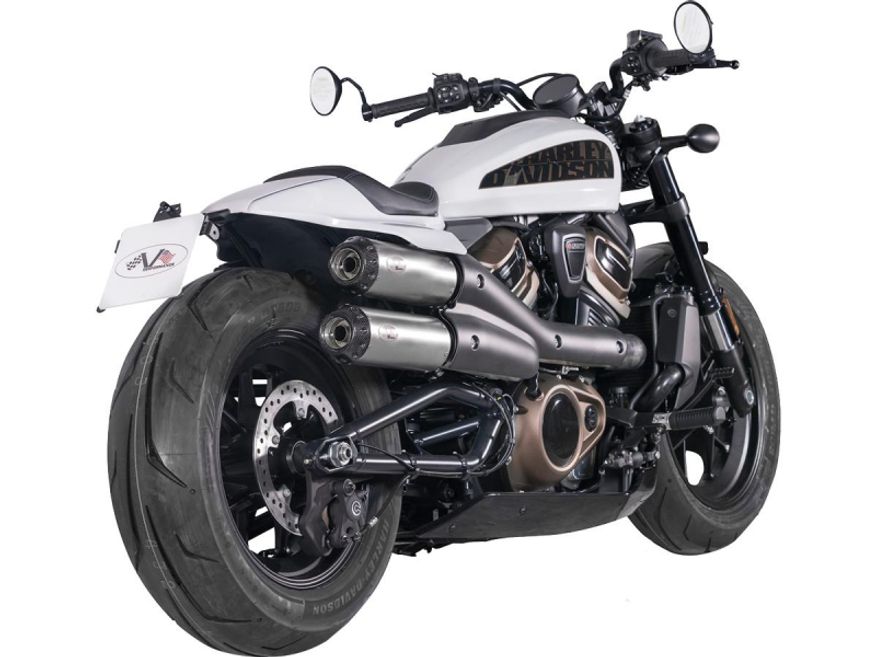 Sportster S 2in2 Racing Muffler and Mid-Pipe Set Endcap Tracker Carbon Stainless Steel Satin 